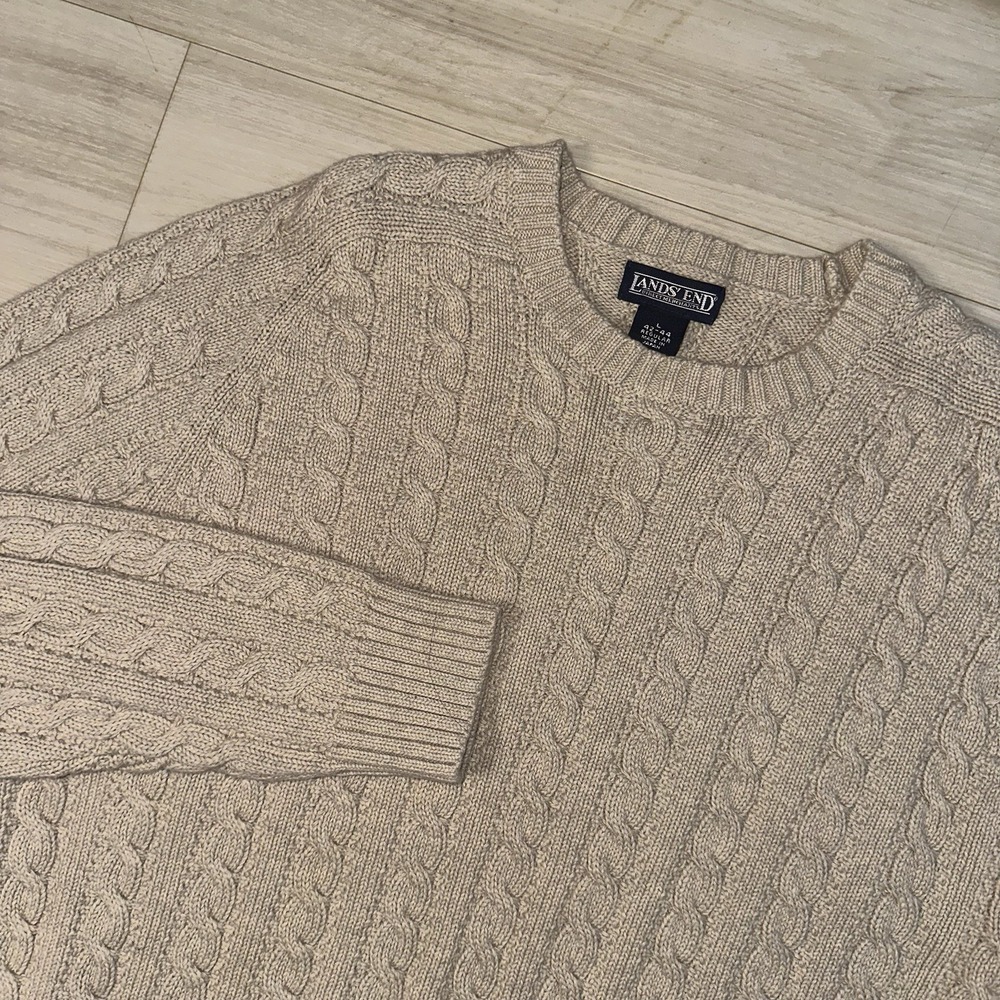 Lands End Sweater Mens Large Fisherman Cable Knit Chunky Heavyweight Crewneck